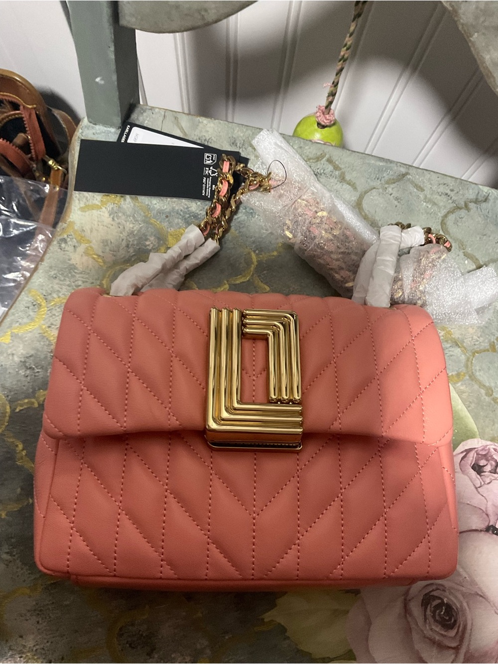 Karl lagerfield Quilt  Coral Shoulder Bag with Gold Geometric Clasp